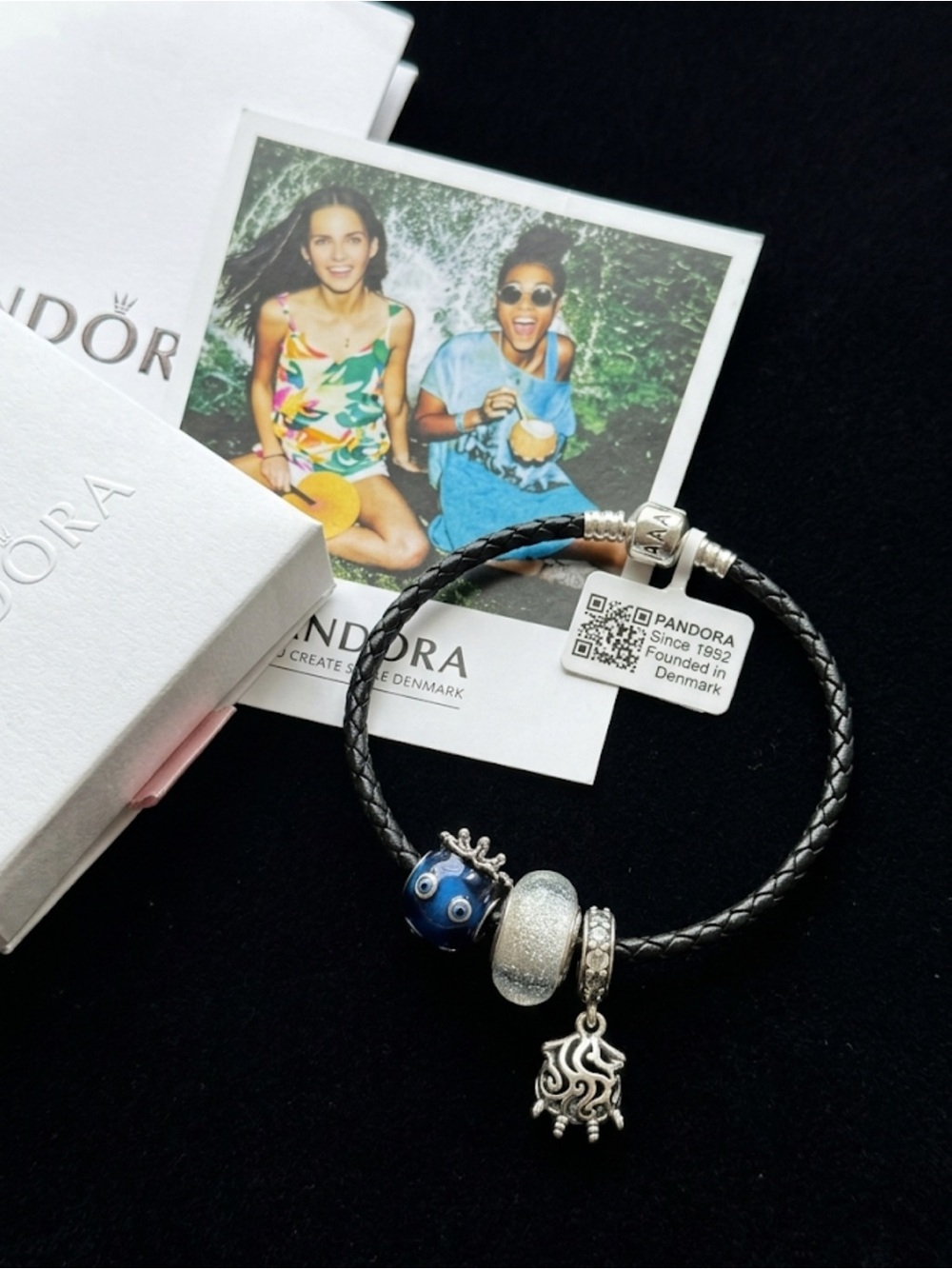 Luxury Black Leather Bracelet with Blue Murano & Silver Charms